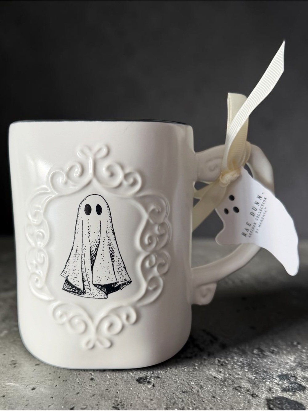Rae Dunn White Ceramic Ghost Mug with Embossed Frame